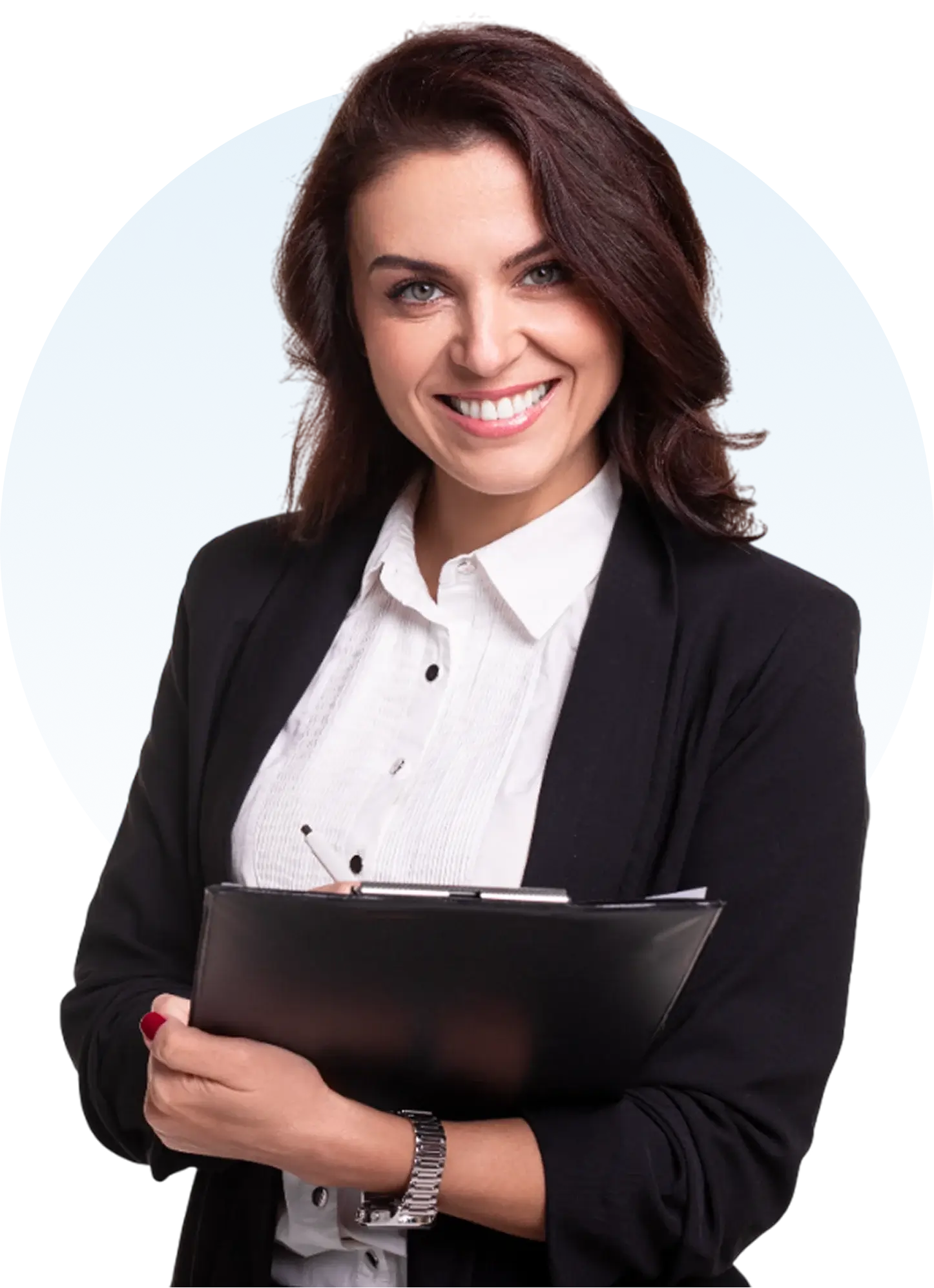 Smiling woman holding a black folder.